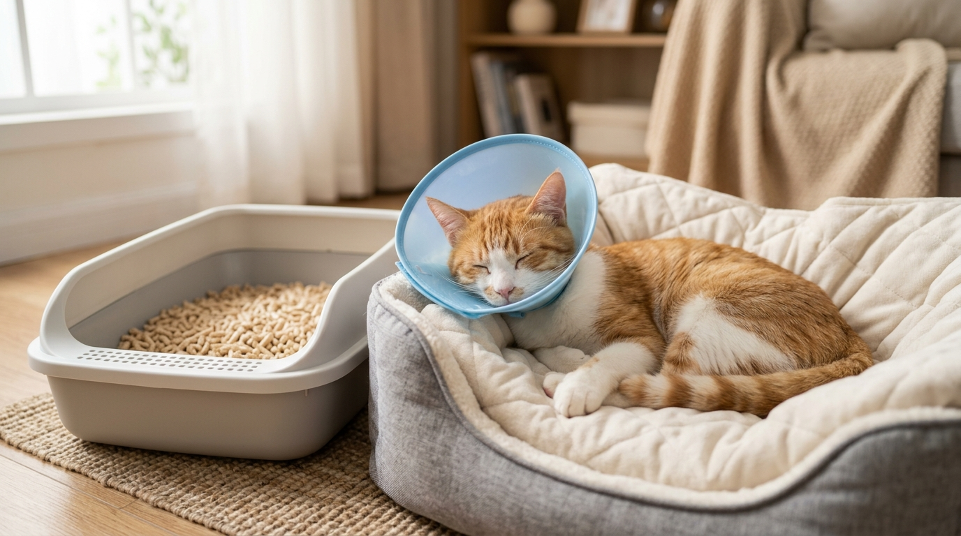 Boyunluk takmış, yatağında uyuyan sarı beyaz kedi ve hemen yanında pelet kedi kumu dolu gri açık kum kabı
