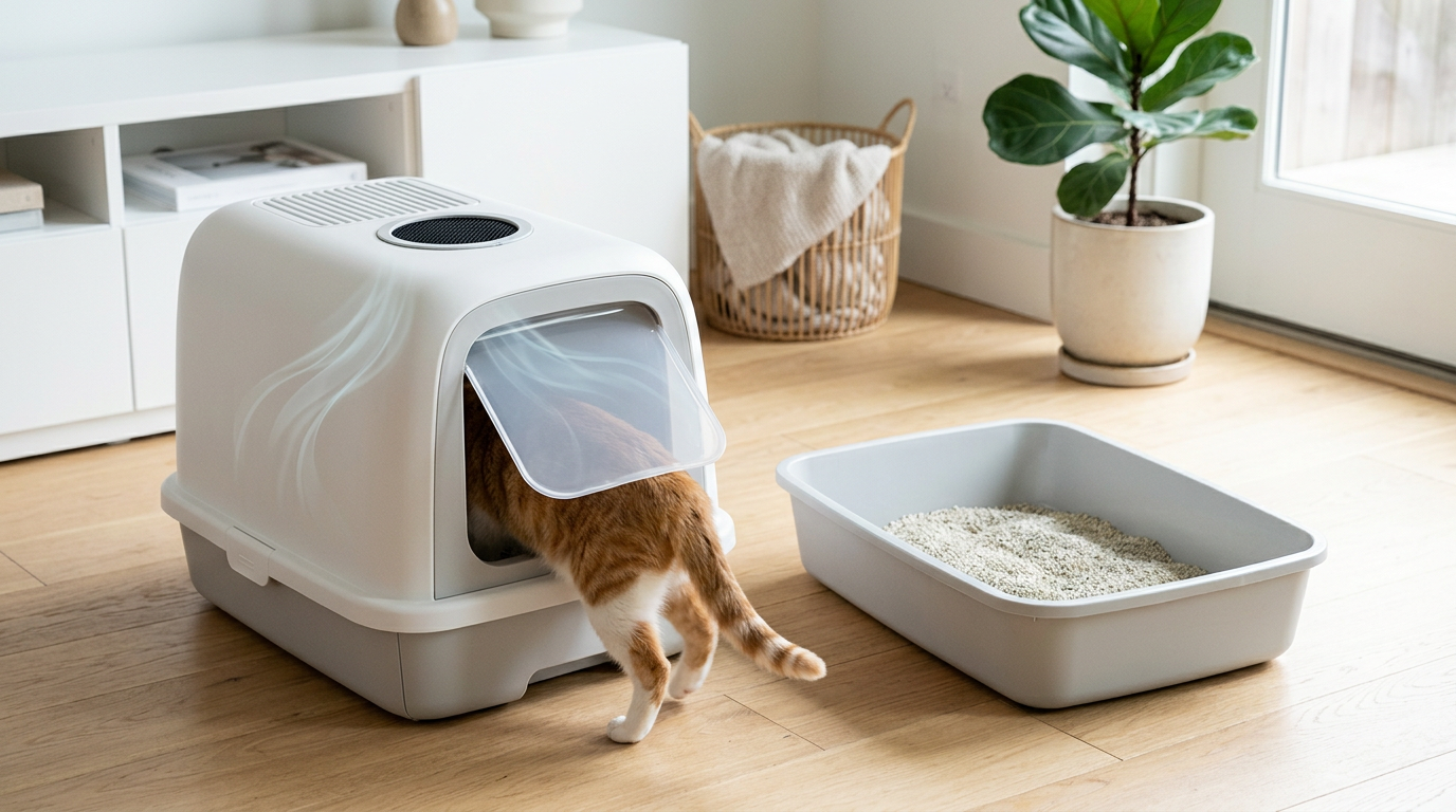 Karbon filtreli, kapaklı beyaz kedi tuvaletine giren sarı beyaz kedi ve yanında duran açık gri kum kabı