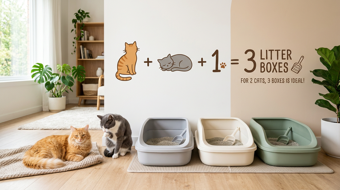 İki kedi için ideal kum kabı sayısını n+1 formülüyle açıklayan infografik görseli önünde oturan iki kedi