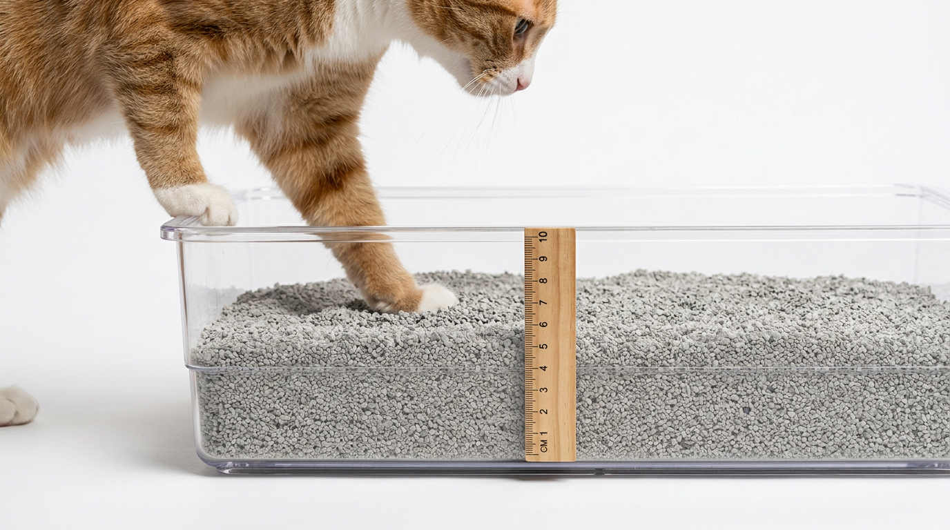 Şeffaf kum kabındaki bentonit kedi kumunun derinliğini cetvelle ölçen ve içeri adım atan sarı beyaz kedi