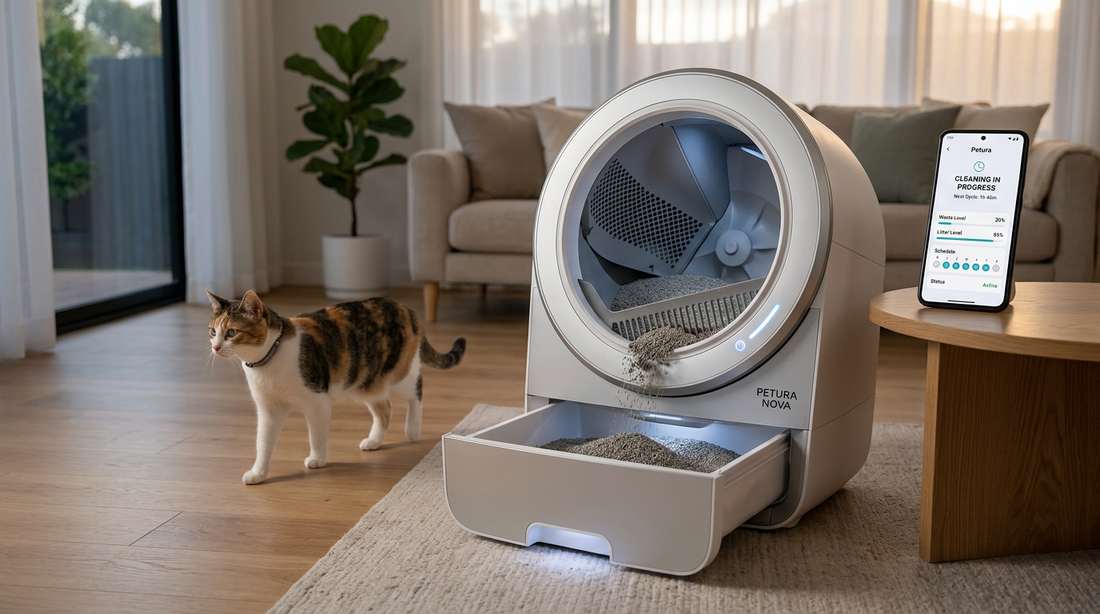 Otomatik kedi tuvaletini merakla inceleyen sarı kedi, yanda çöp kutusu, kumbara ve etrafa saçılmış bozuk paralar