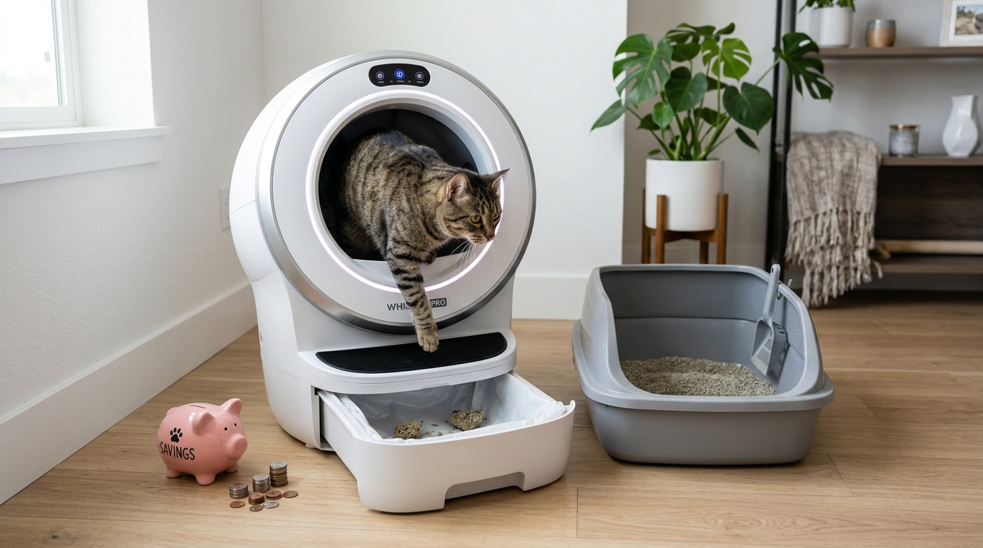 Otomatik kedi tuvaletinden çıkan tekir kedi, yanda gri kum kabı, yerde kumbara ve bozuk paralar