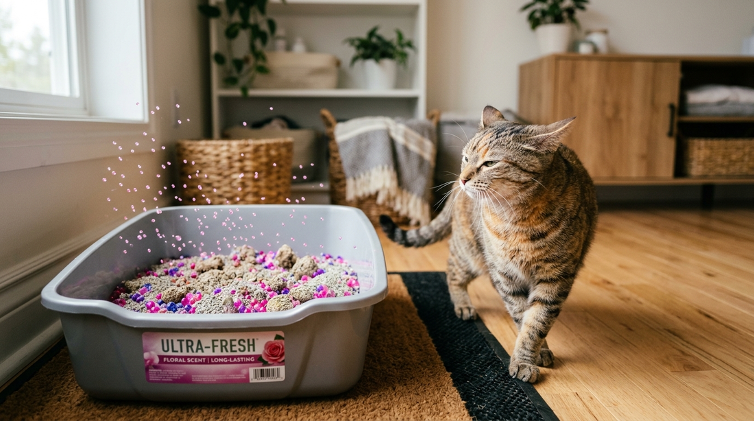 Parfümlü kedi kumundan yayılan yoğun kokudan rahatsız olarak kulaklarını geriye yatıran ve kum kabından uzaklaşan tekir kedi