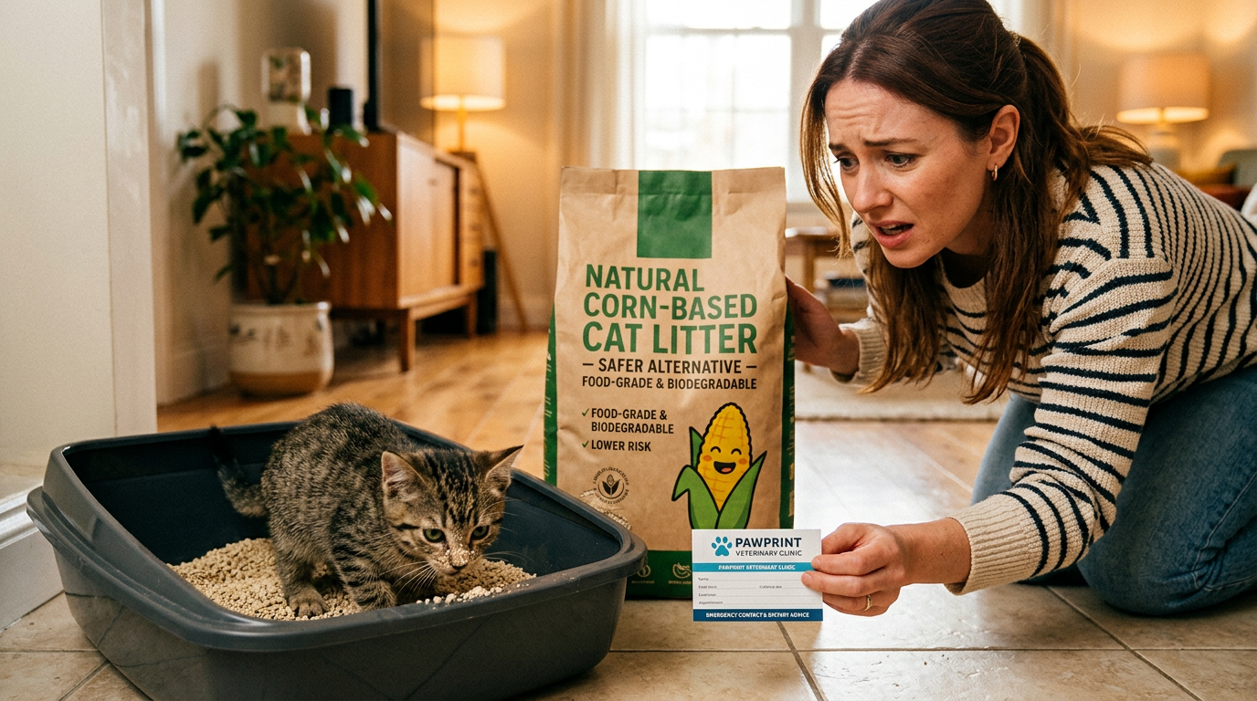 Kedi kumu yiyen tekir kedi, masadaki mineral kapları, vitamin hapları ve pika sendromu bilgilendirme kitapçığı
