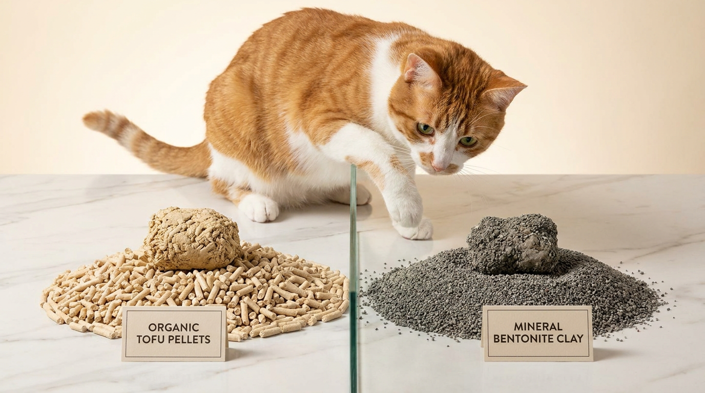 Cam bölmeyle ayrılmış organik tofu pelet ve gri bentonit kedi kumu yığınlarını patisiyle inceleyen sarı beyaz kedi