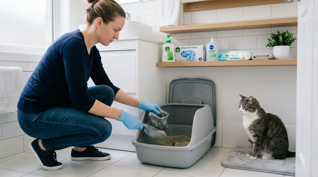Mavi eldivenle kedi kumunu temizleyen hamile kadın, onu izleyen gri beyaz kedi ve raftaki hijyen ürünleri