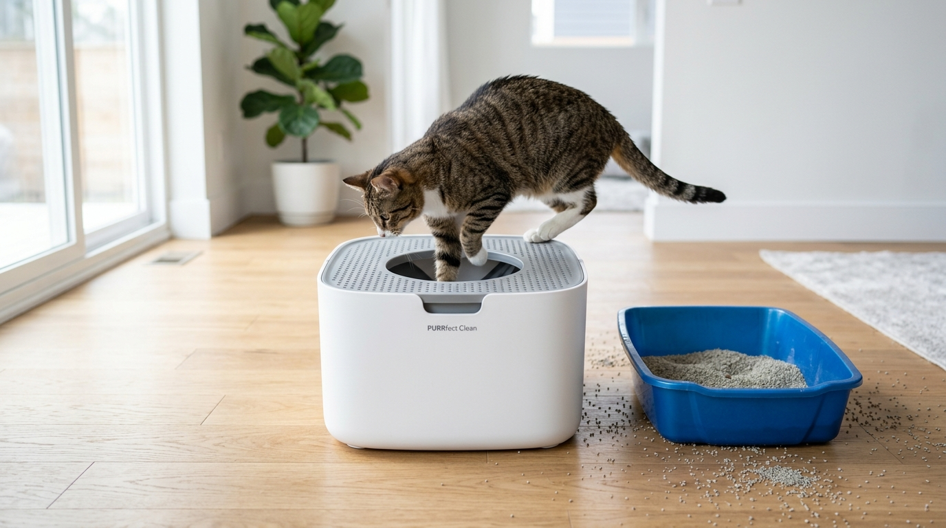 Üstten girişli beyaz kedi tuvaletine girmeye çalışan tekir kedi, yanda mavi kum kabı ve yerdeki kum taneleri